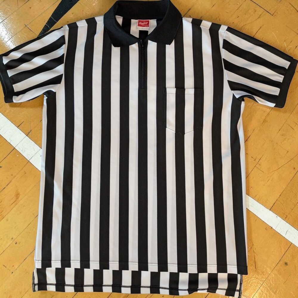 RAWLINGS Referee Shirt LARGE Short Sleeve 1/4 Zip Uniform Black White Stripe